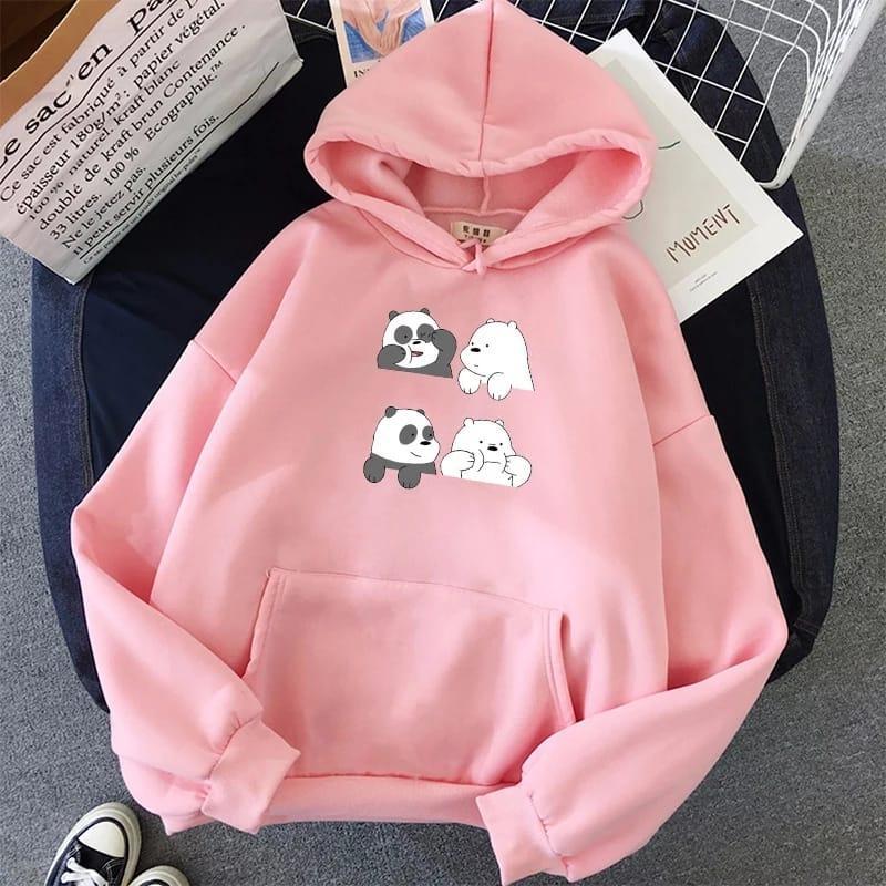 Pink hoodie with cute panda and polar bear cartoon design on front, casual style